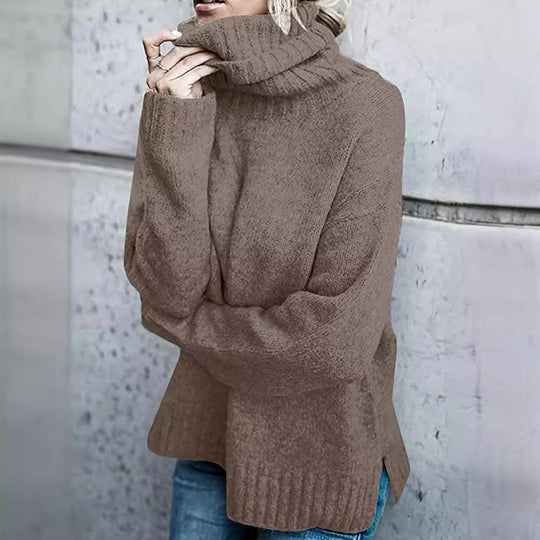 Damen Grobstrickpullover mit hohem Kragen und lässigem Schnitt R&B