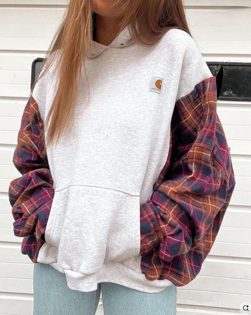 Damen nan oversized Kapuzenpullover mit karierten Flanellärmeln und Kängurutasche R&B
