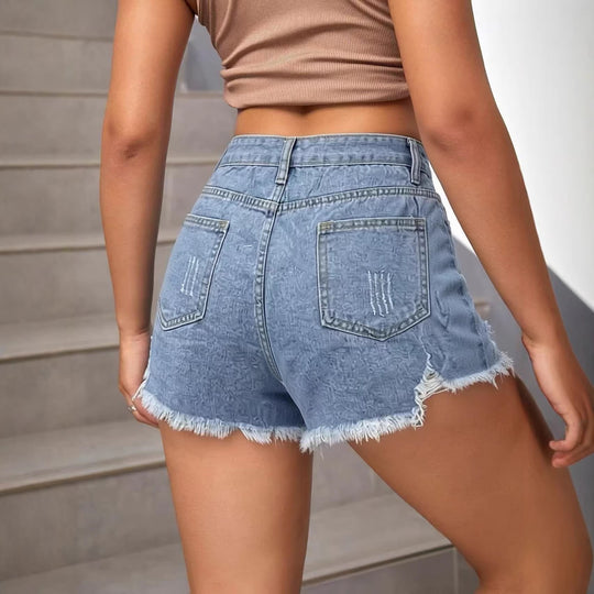 Damen modische Destroyed Denim-Shorts mit fransigem Saum R&B