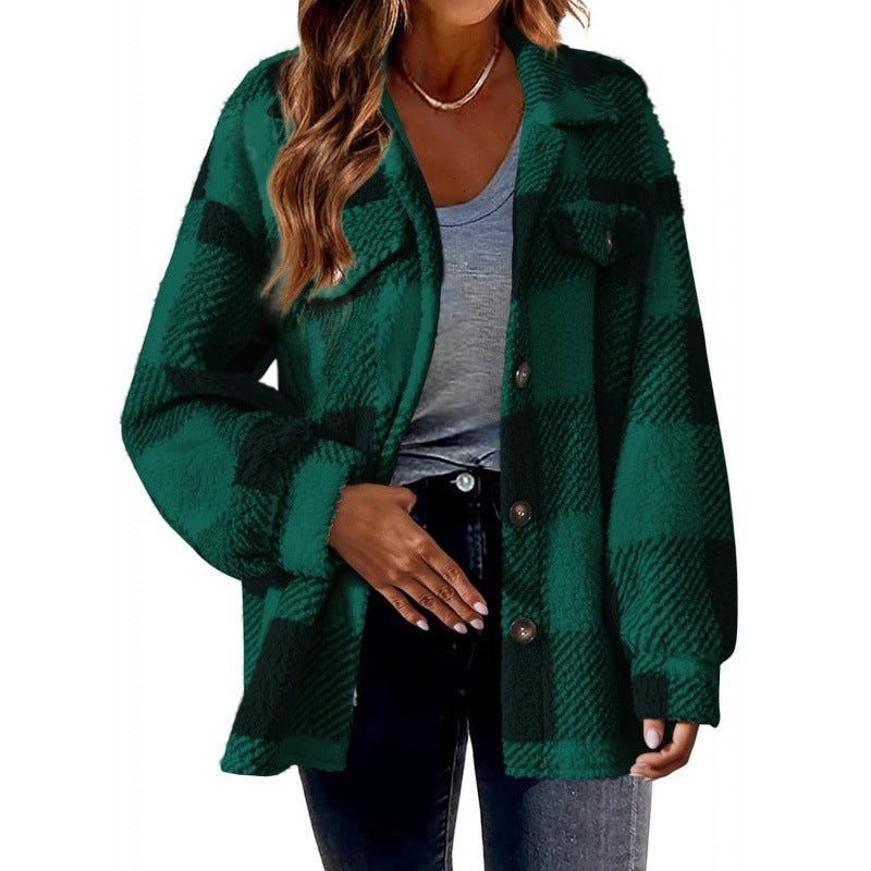 Damen Flauschige Karojacke mit Druckknopfverschluss und praktischen Taschen R&B