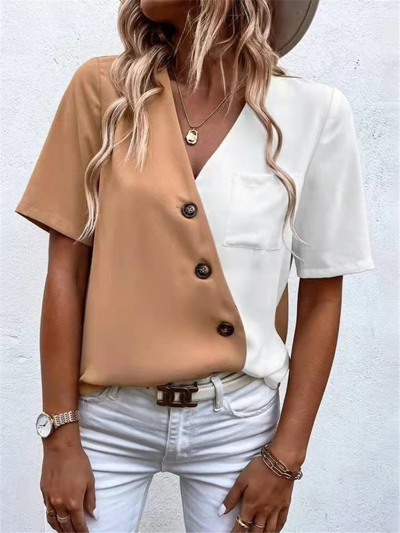 Damen Modisches Hemdblusenshirt mit asymmetrischen Farben und Knopfdetails R&B