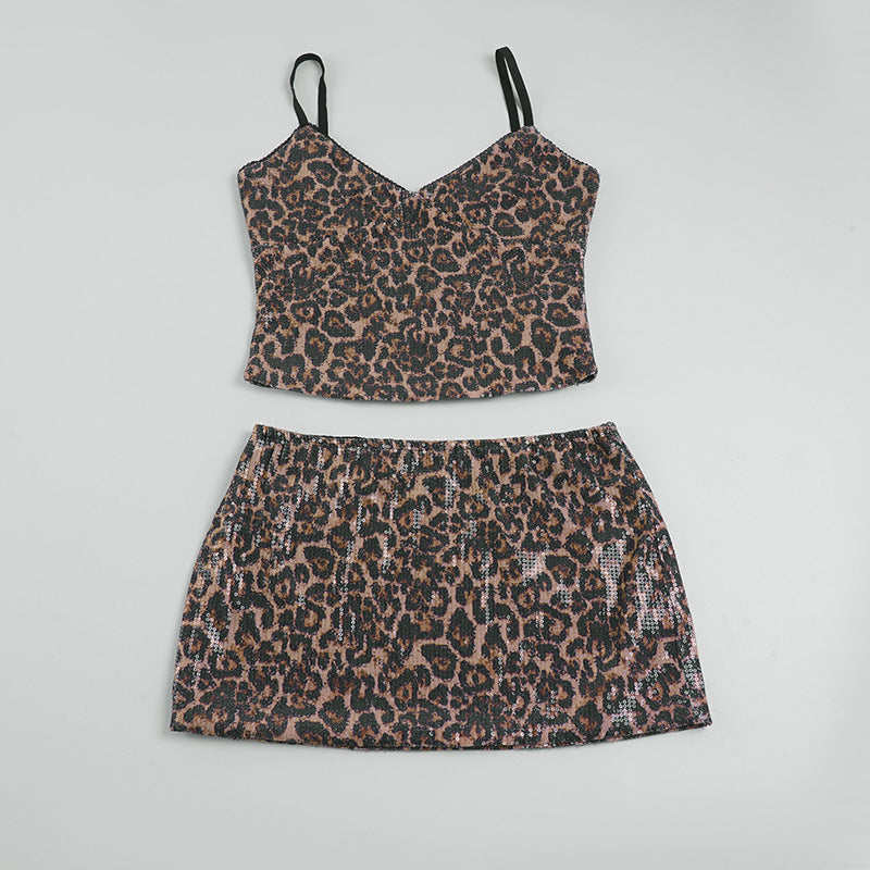 Damen Crop-Top und Minirock-Set mit Leopardenmuster und funkelnden Details R&B