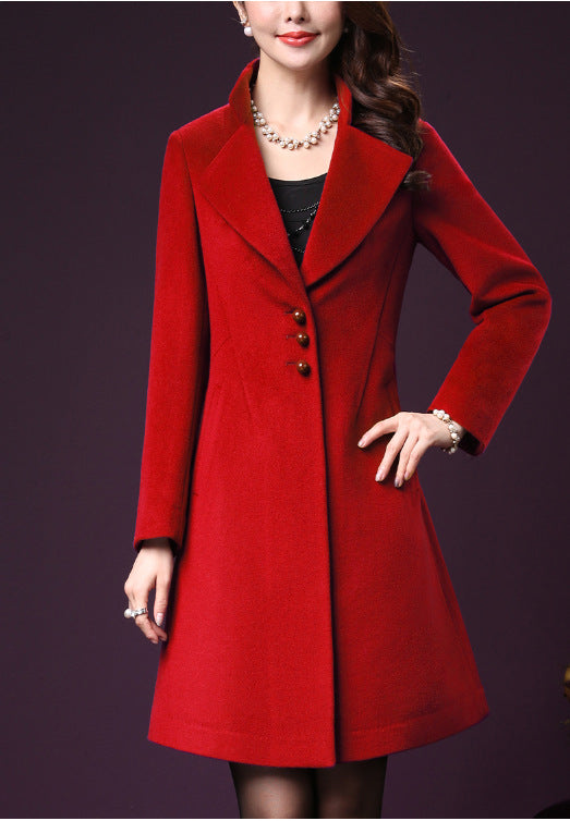 Damen klassischer, taillierter Wollmantel mit elegantem Revers R&B