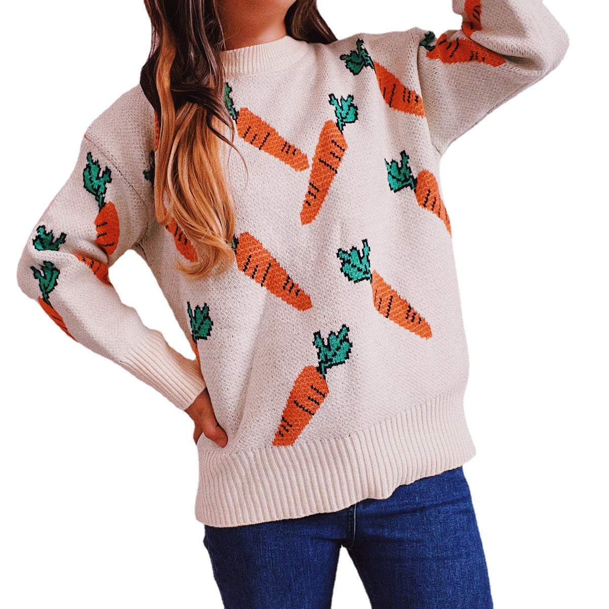 Damen lässiger Pullover mit buntem Karottenmotiv R&B