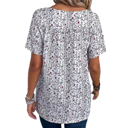Damen nan lässiges Kurzarm-Tunika-Shirt mit Rundhalsausschnitt, zartem Blumenallover und dekorativen Brustfalten R&B