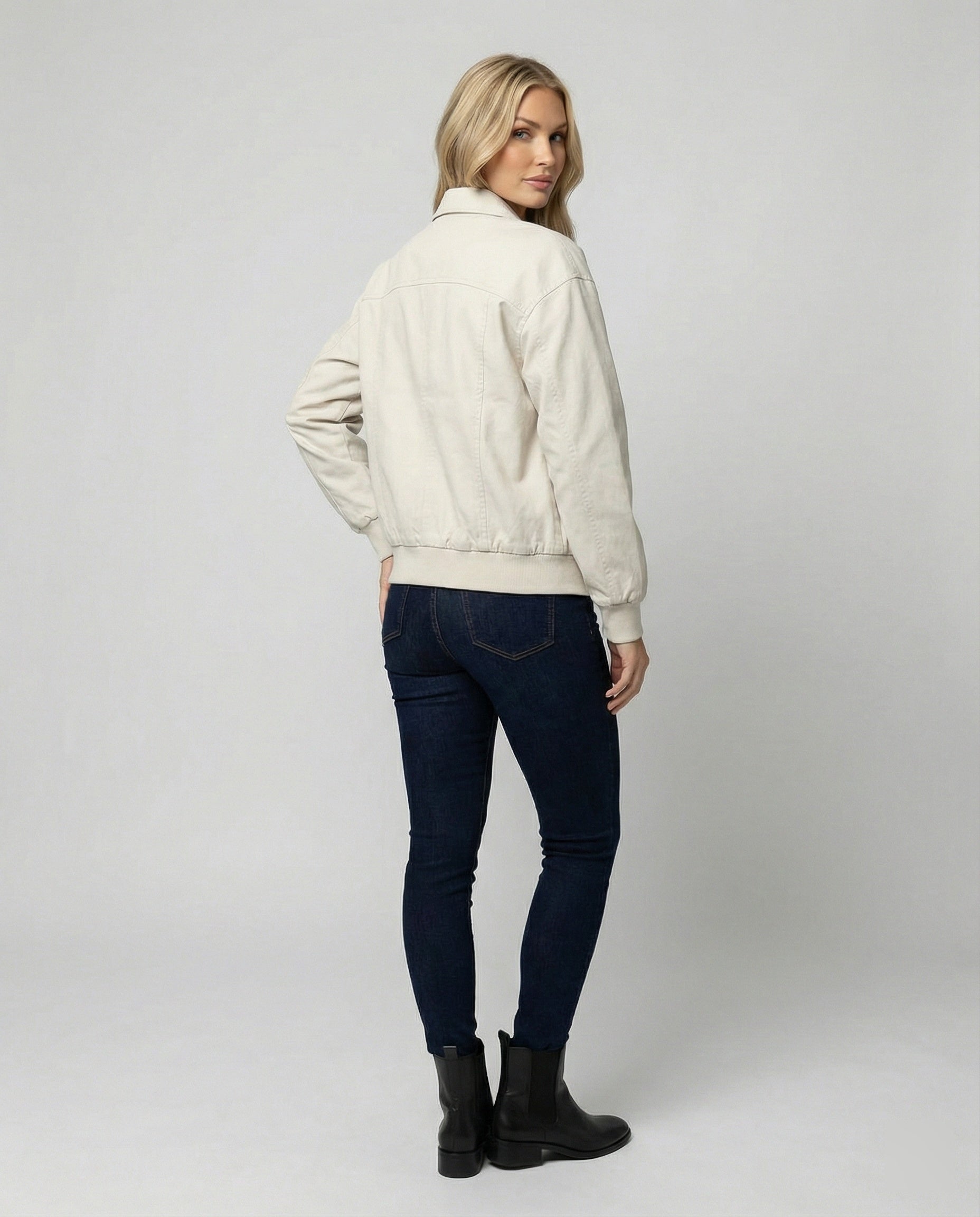 Damen leichte Blousonjacke aus Baumwollmix mit Hemdkragen, Ziernähten und elastischem Bund R&B