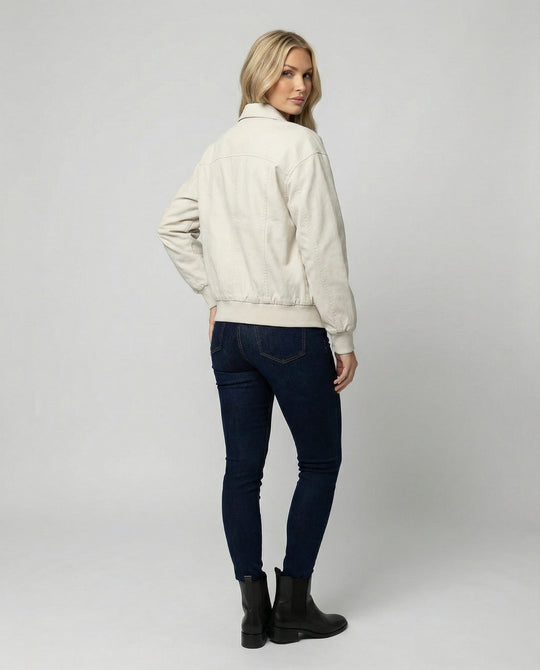 Damen leichte Blousonjacke aus Baumwollmix mit Hemdkragen, Ziernähten und elastischem Bund R&B