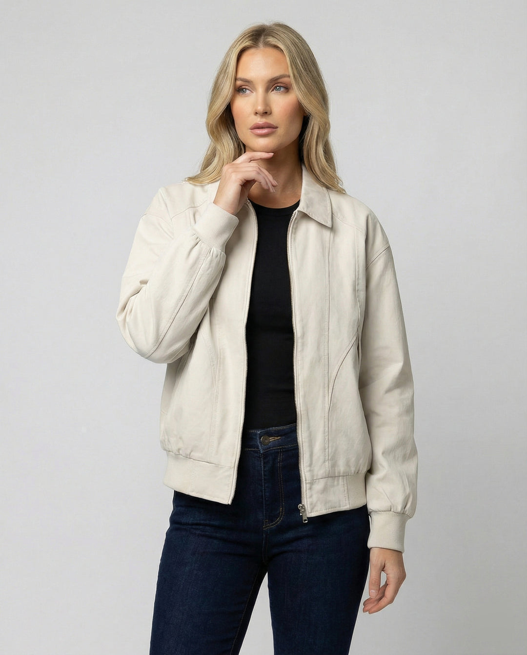 Damen leichte Blousonjacke aus Baumwollmix mit Hemdkragen, Ziernähten und elastischem Bund R&B