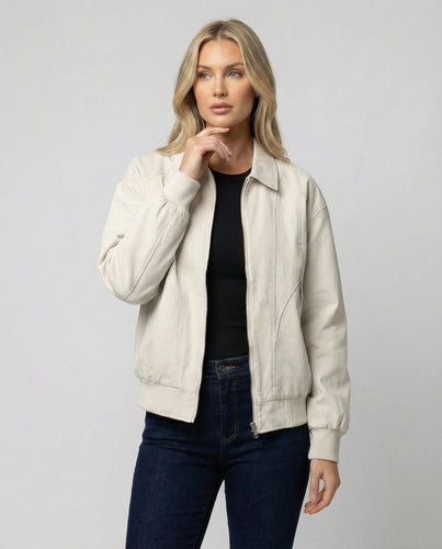 Damen leichte Blousonjacke aus Baumwollmix mit Hemdkragen, Ziernähten und elastischem Bund R&B