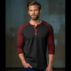 Herren Langarm-Henley-Shirt mit kontrastierenden Ärmel und modischem Knopfdesign