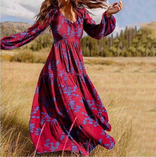 Damen Boho-Langarmkleid mit floralen Akzenten und schwingendem Saum R&B