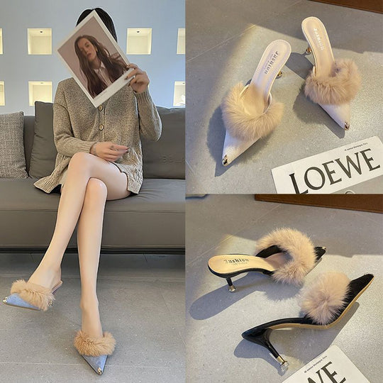 Damen Mules mit eleganten Pelzverzierungen und modischem Absatz R&B