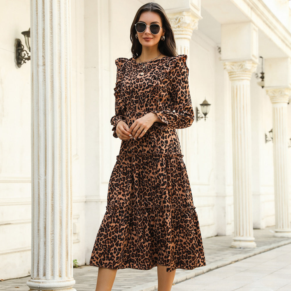 Damen Maxikleid mit raffinierten Rüschendetails und modischem Tiermuster R&B