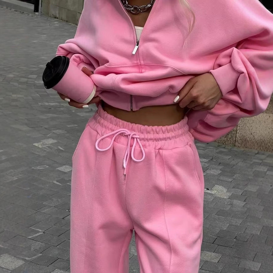 Damen nan cropped Hoodie mit halbem Reißverschluss und Highwaist Jogginghose R&B