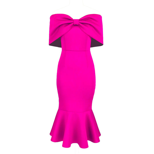 Damen figurbetontes Kleid mit schulterfreiem Design und voluminösem Schleifenakzent R&B