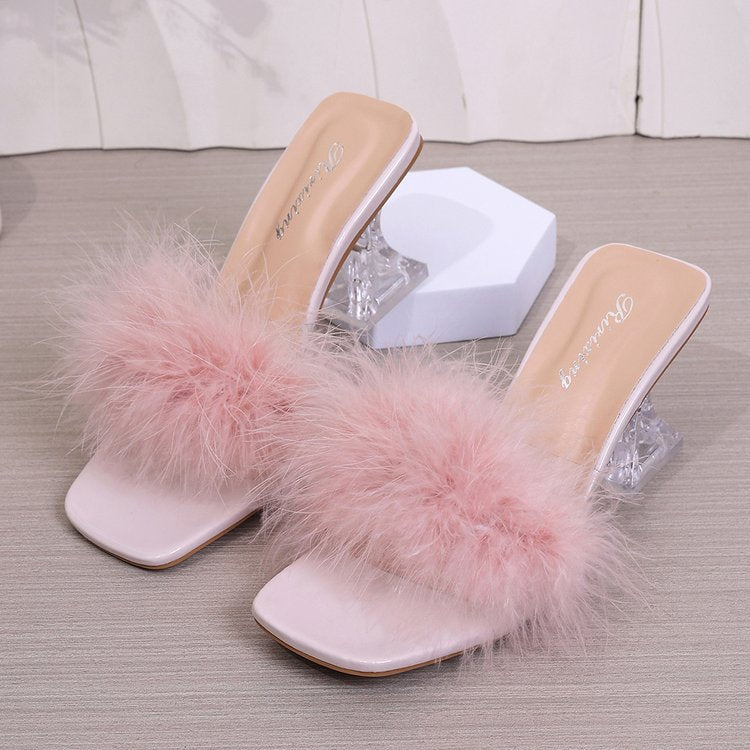 Damen transparente Mules mit flauschigem Flausche-Akzent R&B
