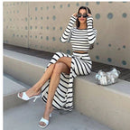 Damen modisches Zweiteiler-Set mit gestreiftem Crop-Top und langer Rock R&B