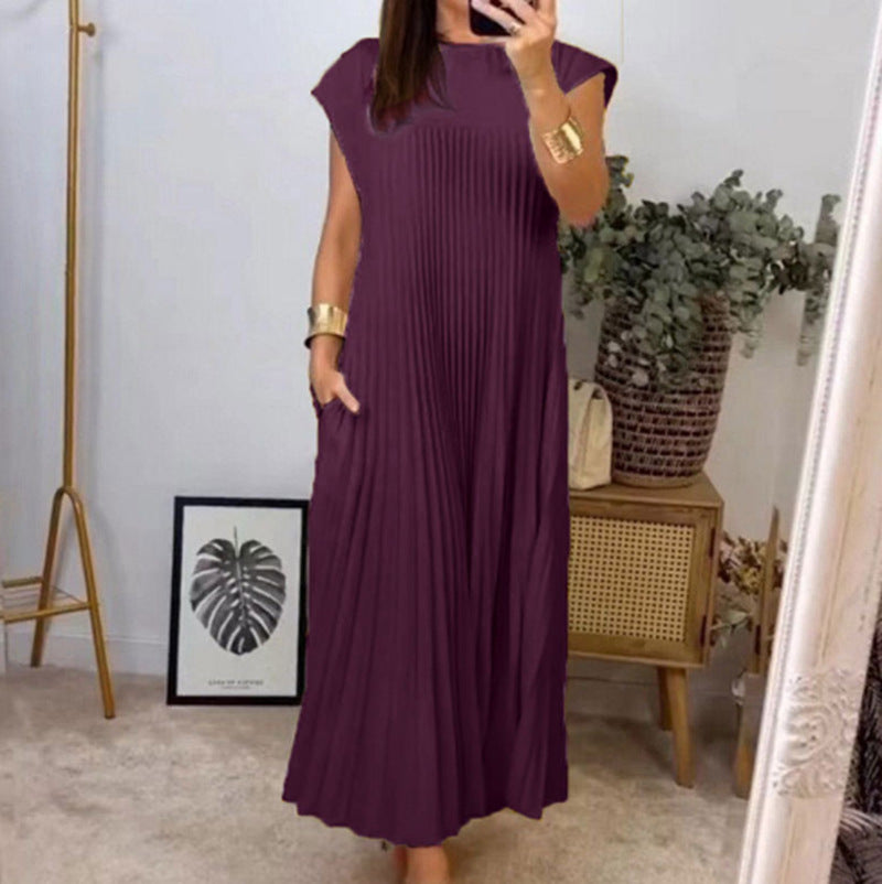 Damen nan fließendes plissiertes Maxikleid mit überschnittenen Schultern und Eingrifftaschen R&B
