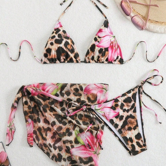 Damen Bikini-Set mit elegantem Leopardenmuster und verspielten Blumendetails R&B