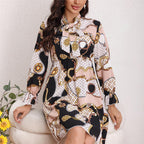 Damen Kurzärmeliges Kleid mit Bogenkragen und Bindegürtel R&B