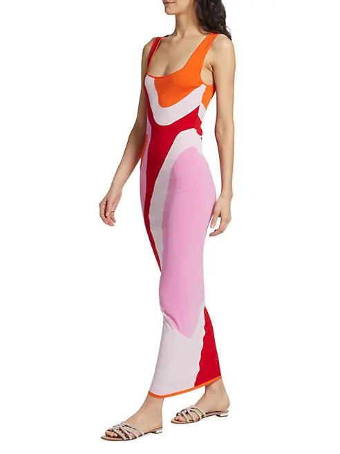 Damen langes figurbetontes Kleid mit quadratischem Ausschnitt und farbenfrohem Muster R&B