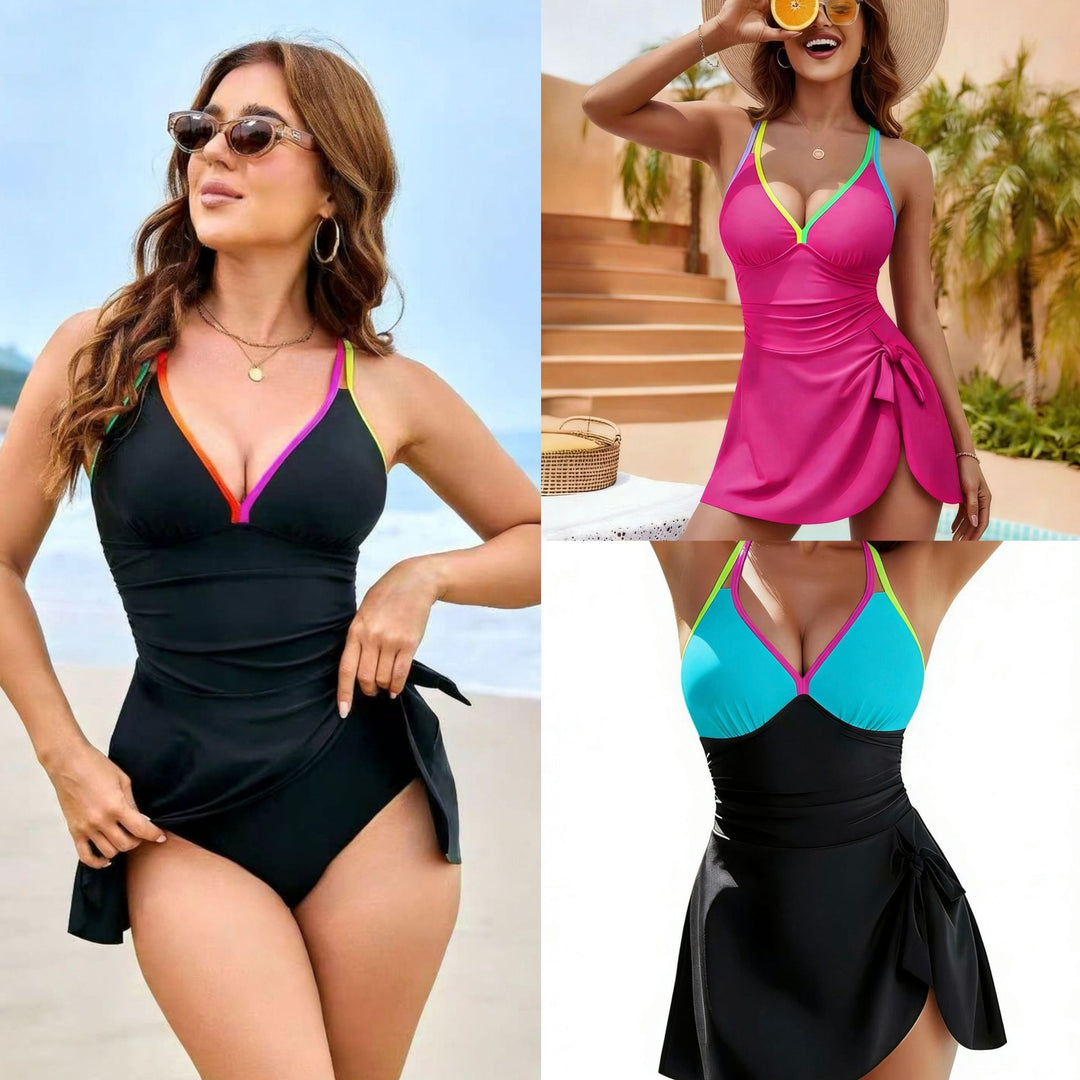 Damen Wickel-Badeanzug mit hoher Taille und bunten Akzentträgern R&B