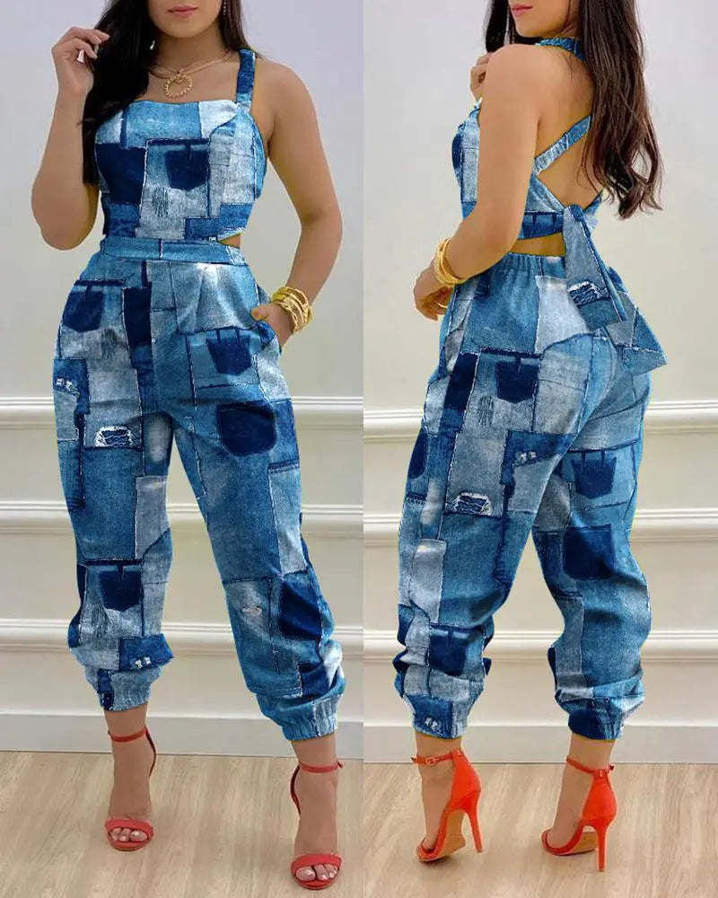 Damen Jumpsuit mit einzigartigem Denim-Print und tailliertem Schnitt R&B