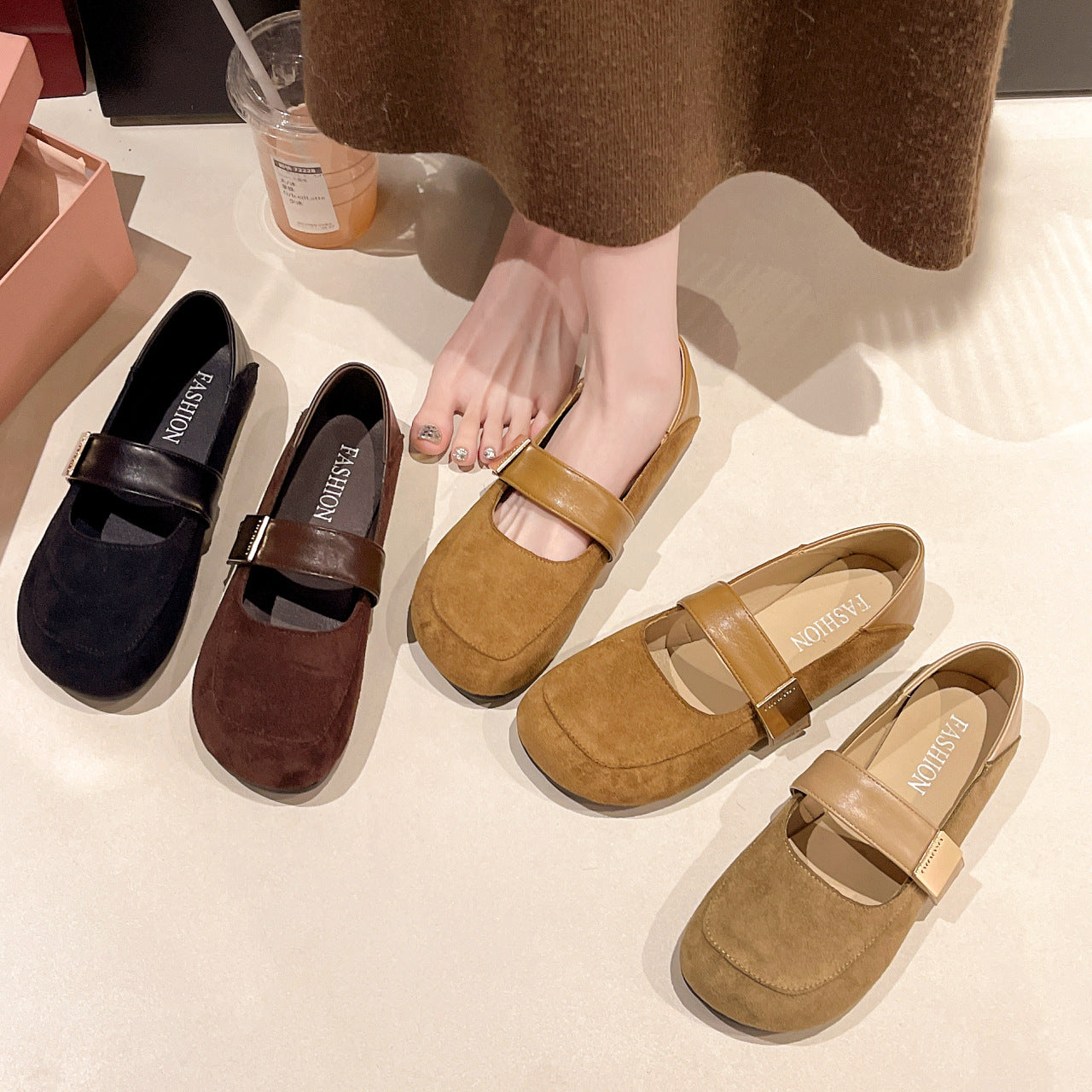 Damen Ballerina-Schuhe mit verstellbarem Riemen und weichem Innenfutter EB