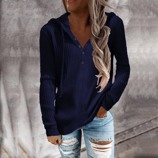 Damen Kapuzenpullover im modischen Rippdesign mit Knopfleiste R&B