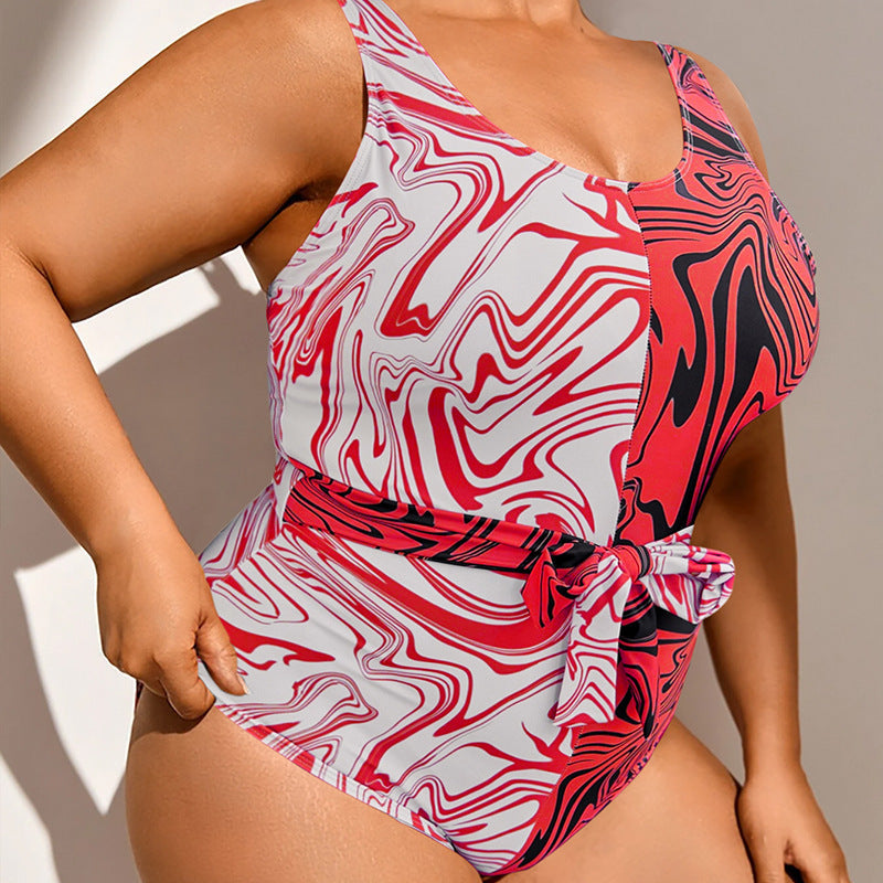 Damen Einteiler Badeanzug mit modischem Marmor-Design und tailliertem Schnitt R&B