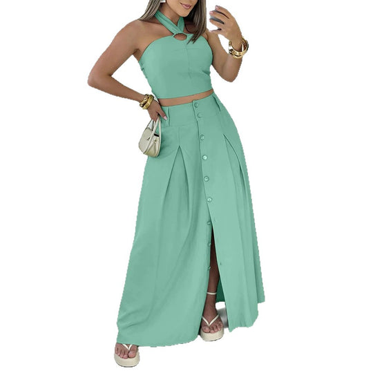 Damen elegantes Crop-Top und Maxirock-Set mit Knopfleiste und Schlitz R&B