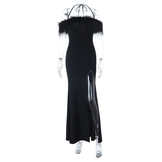 Damen Elegantes Maxikleid mit federgeschmücktem Oberteil und seitlichem Schlitz R&B
