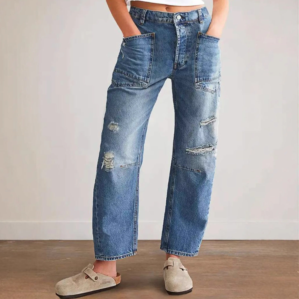 Damen Trendige Vintage Jeans im lässigen Boyfriend-Schnitt mit auffälligen Taschen R&B