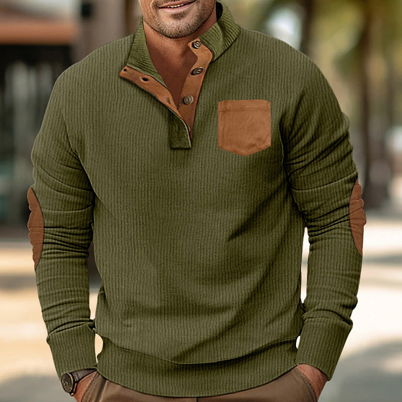 Herren eleganter Strickpullover mit Knopfleiste und kontrastierenden Ellbogenpatches R&B