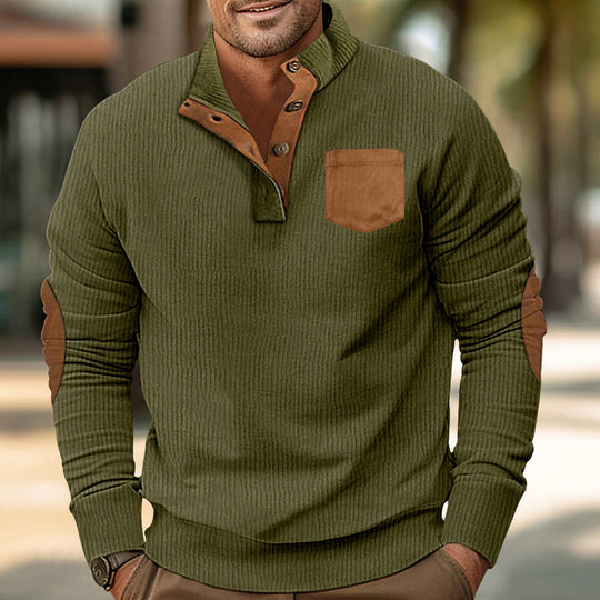 Herren eleganter Strickpullover mit Knopfleiste und kontrastierenden Ellbogenpatches R&B
