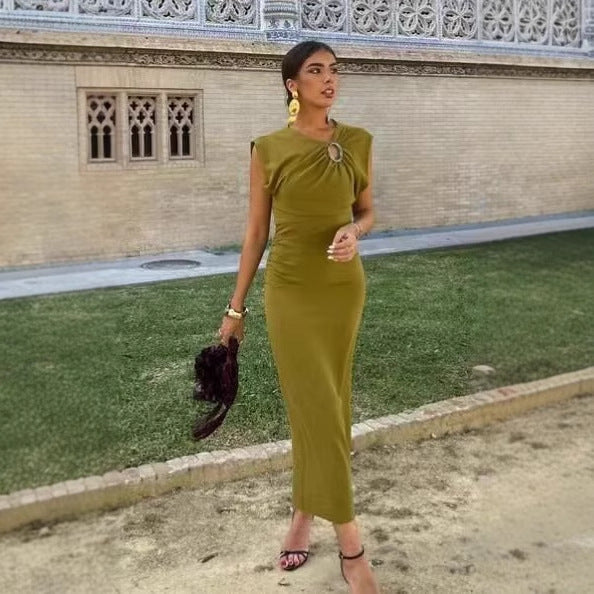 Damen elegantes Jersey-Kleid mit Detailrüsche und edlem Schmuckelement R&B
