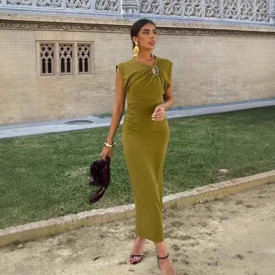 Damen elegantes Jersey-Kleid mit Detailrüsche und edlem Schmuckelement R&B