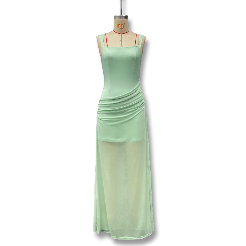 Damen Elegantes Maxikleid mit raffinierten Drapierungen und transparentem Rock R&B