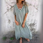 Damen Leichtes Sommerkleid mit V-Ausschnitt und weiten Ärmeln R&B