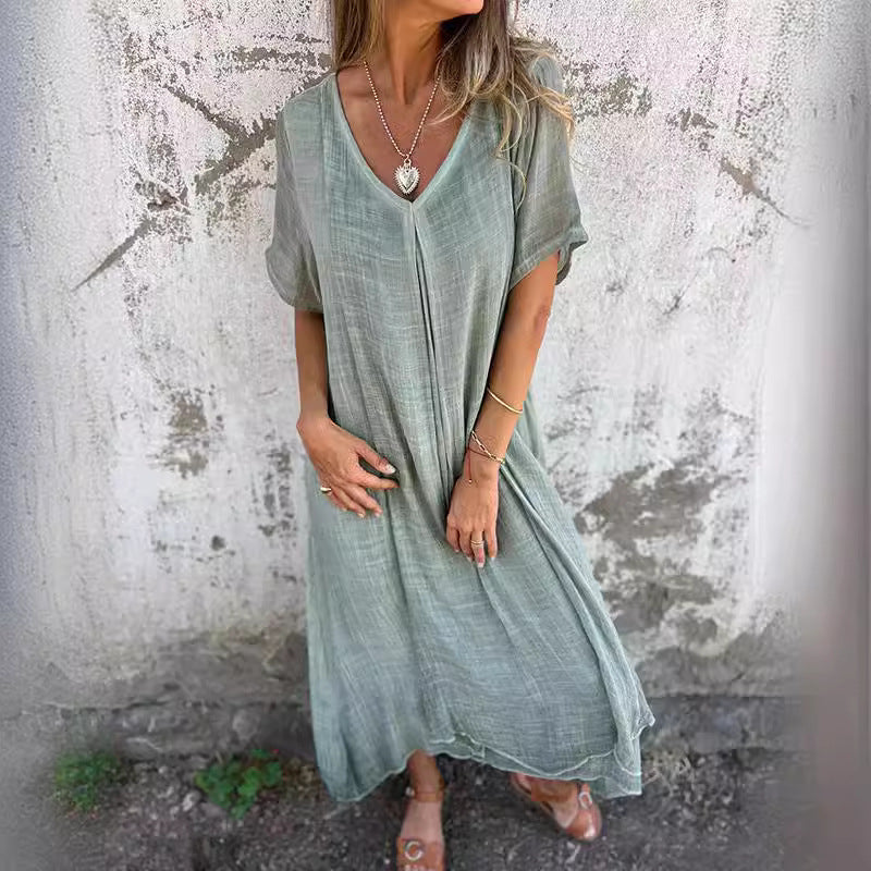 Damen Leichtes Sommerkleid mit V-Ausschnitt und weiten Ärmeln R&B