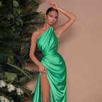 Damen Elegantes One-Shoulder Maxikleid mit drapiertem Design und hohem Schlitz