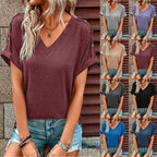 Damen V-Ausschnitt T-Shirt mit abgerollten Ärmeln und modischen Knopfdetails R&B