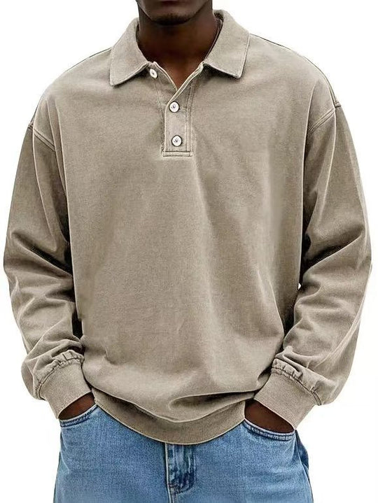 Herren nan lässiges Poloshirt-Sweatshirt mit Kragen, Vintage-Waschung und dreiteiliger Knopfleiste R&B