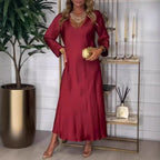 Damen elegantes Maxikleid mit tiefem V-Ausschnitt und fließendem Schnitt