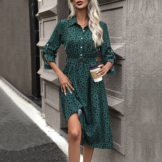 Damen Midi-Kleid mit punktiertem Muster und tailliertem Gürtel R&B