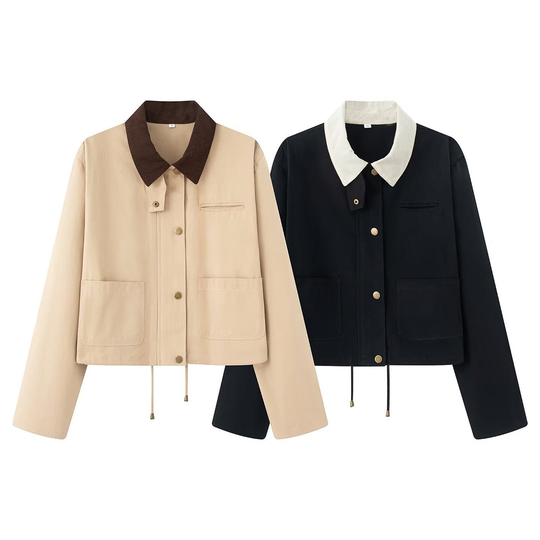 Damen lässige Jacke mit kontrastierendem Kragen und praktischen Taschen R&B