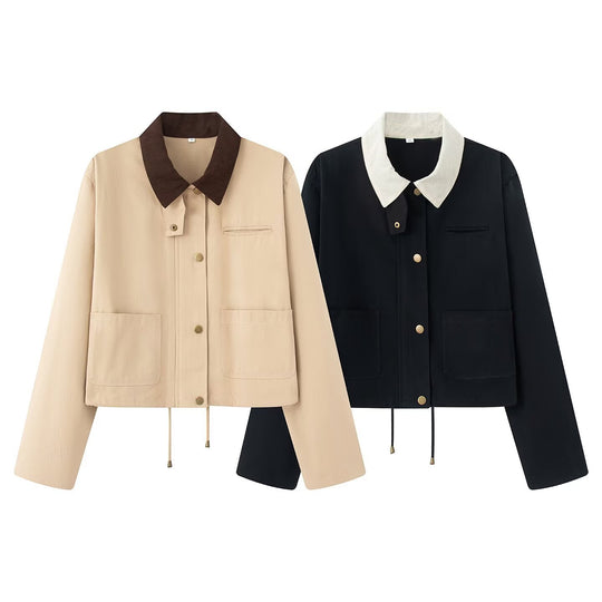 Damen lässige Jacke mit kontrastierendem Kragen und praktischen Taschen R&B