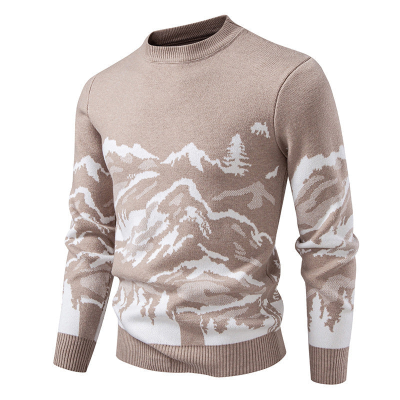 Herren Strickpullover mit Bergmotiv und hohem Kragen R&B