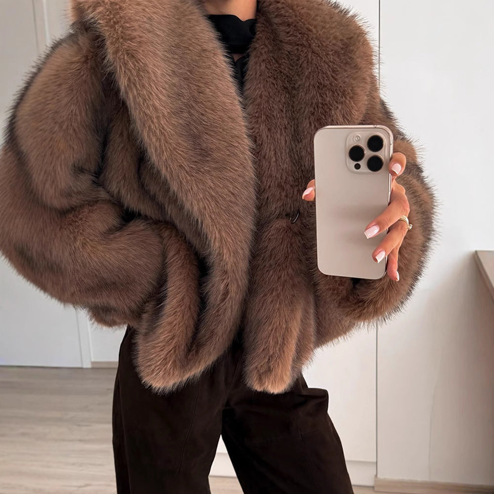 Damen stylischer Kunstfellmantel mit breitem Kragen R&B