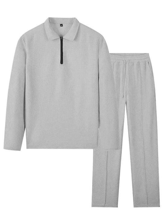 Herren nan Waffelstruktur-Wohn- und Freizeit-Set mit Halbzip-Polokragen und Kordelbund R&B